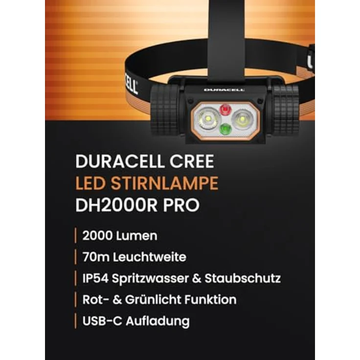 Duracell LED Stirnlampe DH2000R Pro, 2000 Lumen, Digital-Fokus, 120 m Leuchtweite, Rotlicht & Broadview, USB-C wiederaufladbar, 21700 Li-Ion Akku, IP54 spritzwassergeschützt – Bild 2