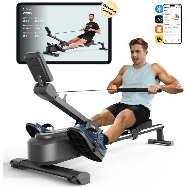 Merach Magnetisches Rudergerät im Hai-Design, 16 Stufen, LCD & Bluetooth, extra leises Bremssystem, interaktive App & Kinomap-Kompatibilität, klappbar