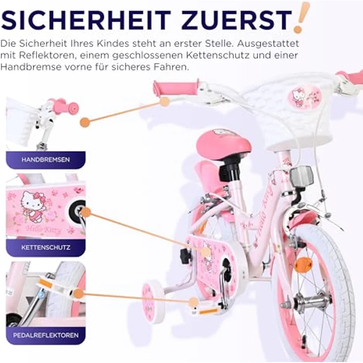 Volare Hello Kitty Kinderfahrrad 14 Zoll Rosa, abnehmbare Stützräder, Handbremse, Rücktrittbremse, geschlossener Kettenschutz, Korb – Bild 3