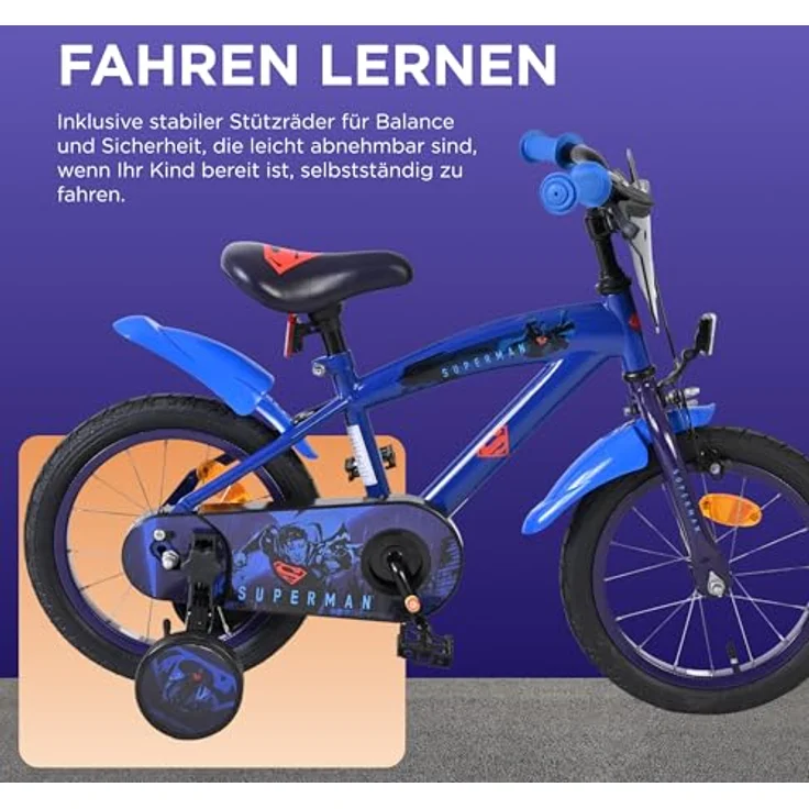 Volare Superman, Kindervelo 14 Zoll, stabiler Metallrahmen, dunkelblau, mit Handbremse und abnehmbaren Stützrädern – Bild 4