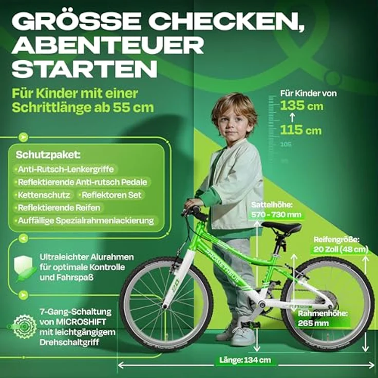 PROMETHEUS BICYCLES PRO 20 Zoll Kinderfahrrad, leicht (7,7 kg), 7-Gang microSHIFT Kettenschaltung, V-Brakes, SCHWALBE Reifen, für Jungen und Mädchen ab 6 Jahre – Bild 2