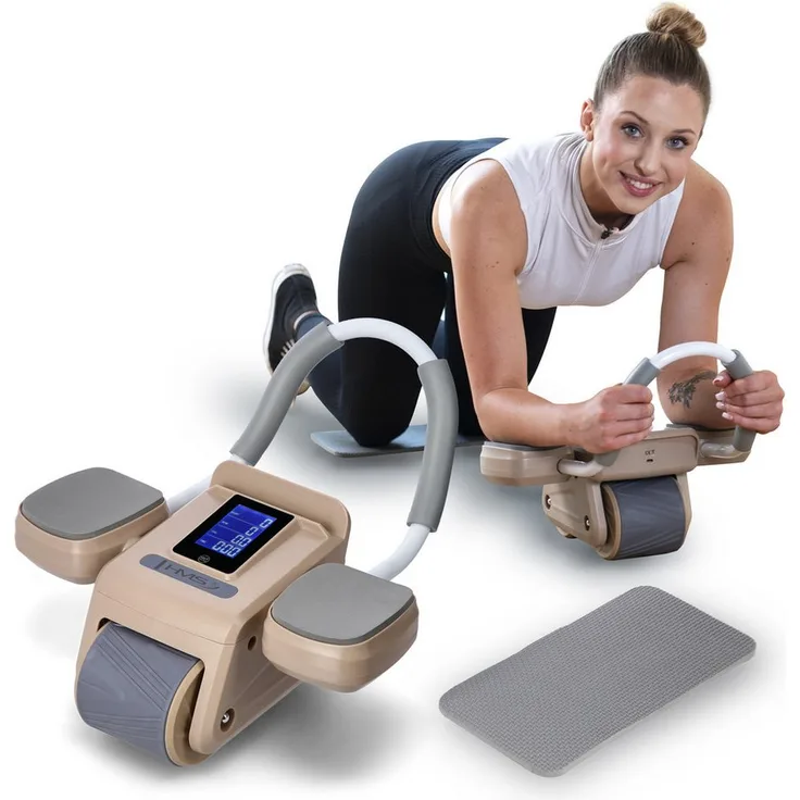 HMS KA08 Bauchtrainer Bauchroller, automatisches Fitnessrad mit LCD-Anzeige und USB-C-Ladefunktion, braun