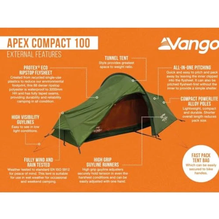 Vango Apex Compact 100, leichtes 1-Mann-Zelt mit Protex Eco Ripstop-Außenzelt, Tunnelzeltkonstruktion, Waldgrün – Bild 2