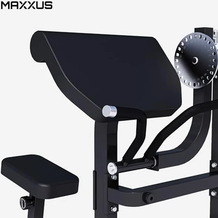 Gorilla Sports MAXXUS Curlbank 2in1 Pro - Vertikal verstellbarer Sitz, 30/50 mm Hantelscheibenhalter, rutschfest, Schwarz mit Chrom-Elementen – Bild 4