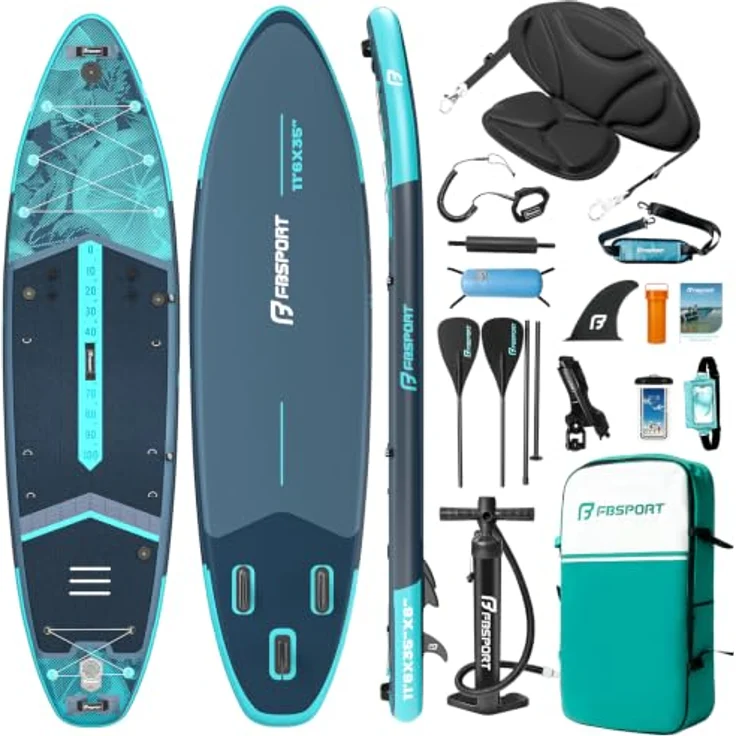FBSPORT Aufblasbares SUP Board, 15CM dick, mit verstellbarem Aluminium Paddel und Pumpe, für Anfänger und Fortgeschrittene, Blue Teal – Bild 1