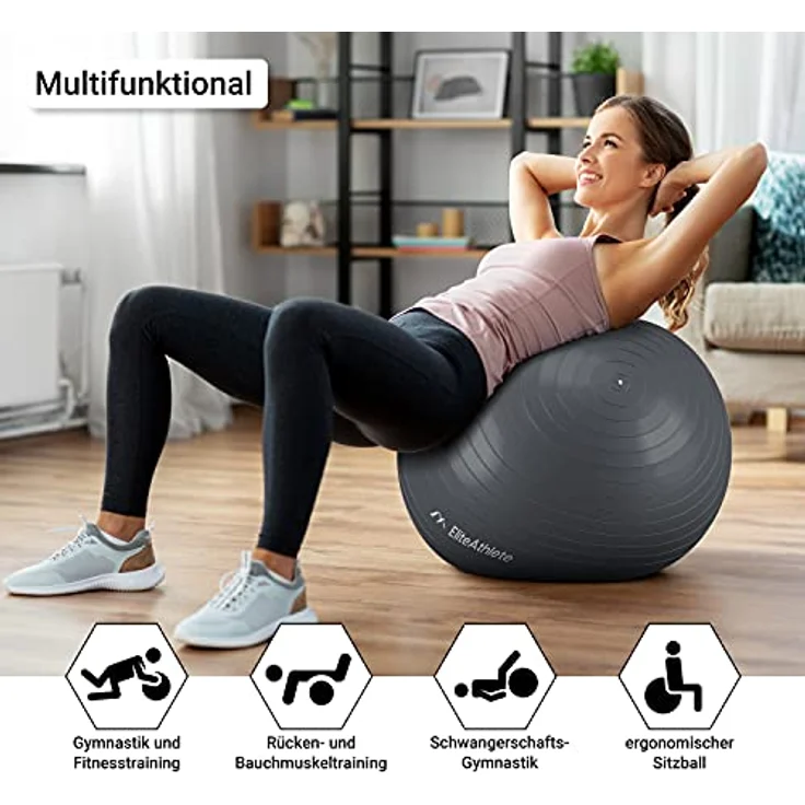 EliteAthlete Gymnastikball Sitzball Büro ergonomisch mit Anti Burst System - Fitness Pilates Schwangerschaft - Schwangerschaftsball Fitnessball Yogaball - Yoga Ball 55cm inkl. Luftpumpe – Bild 2