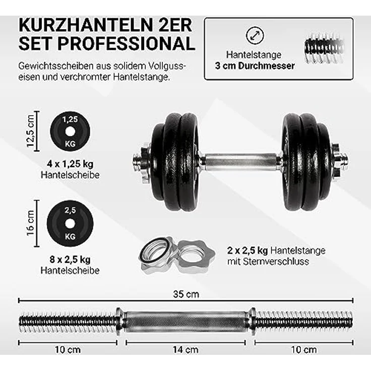 MSPORTS Kurzhantelset Professional aus Gusseisen 30 kg (2 x 15 kg) Hantel – Bild 2
