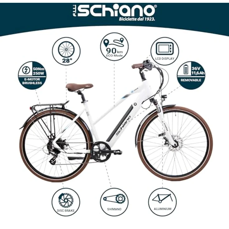 F.lli Schiano E-Voke, E-Bike Trekking 28 Zoll, 250W Motor, 36V 11.6Ah abnehmbarer Akku, Shimano 8-Gang, Weiss – Bild 2