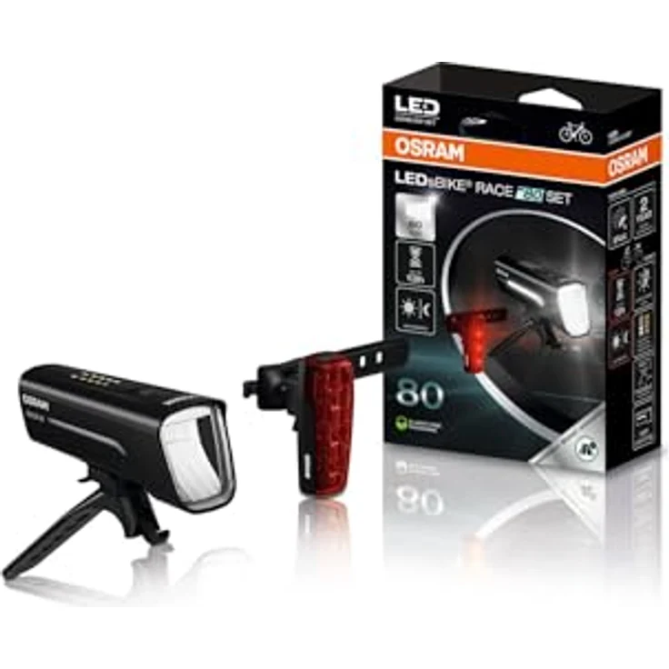 Osram Velolicht LEDs Bike Race 80 Set, Fahrradbeleuchtung mit 80 Lux, 3 Helligkeitsstufen, IP44, schwarz – Bild 1