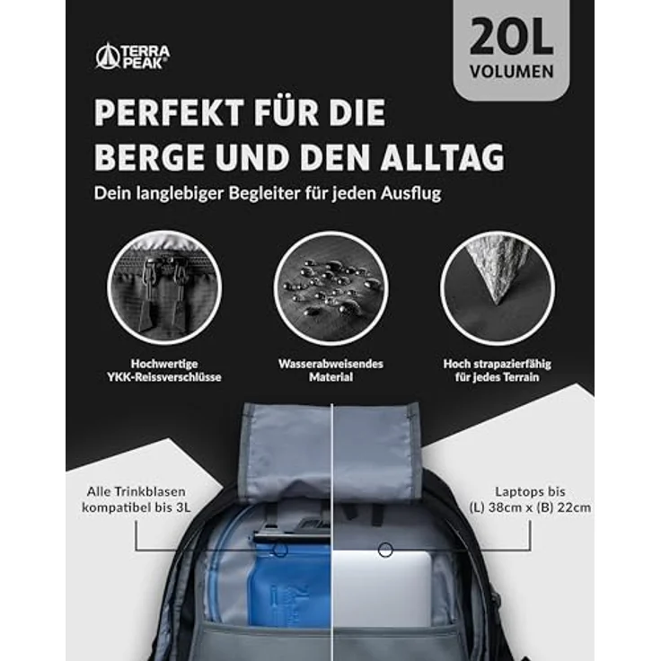 Terra Peak® FLEX 20, Premium Wanderrucksack 20L für Damen und Herren, wasserdicht, mit Trinksystem und Rückenbelüftung, schwarz – Bild 5