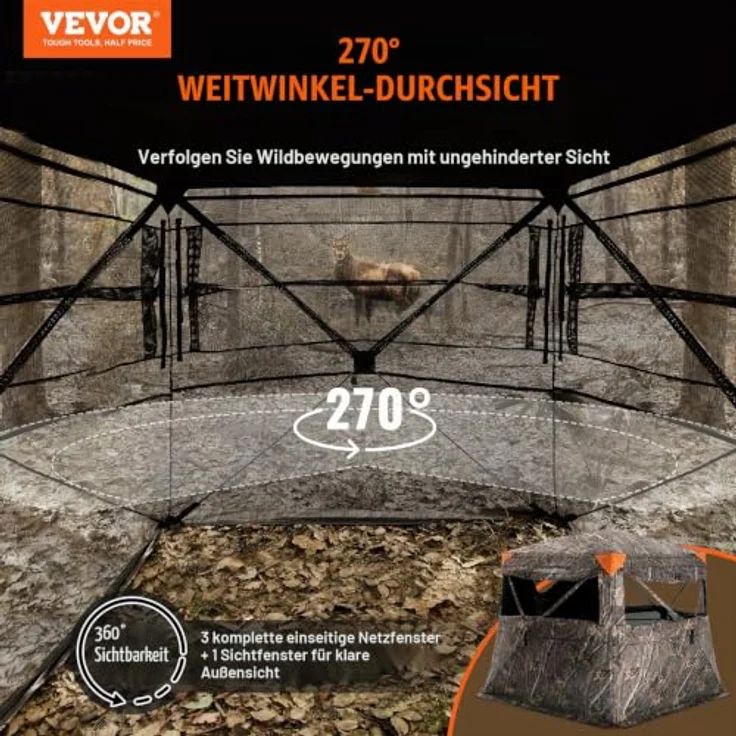 VEVOR Jagdversteck 270° durchsichtiges Bodenversteck, Pop-Up-Hirschversteck für 4-5 Personen, tragbares, wetterfestes Jagdzelt in Tarnfarbe mit Tragetasche – Bild 2