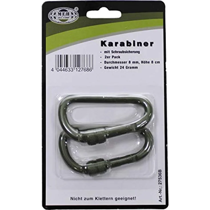 MFH Karabiner mit Schraubverschluss, D 8mm x 80mm, 2er Pack, Oliv – Bild 2