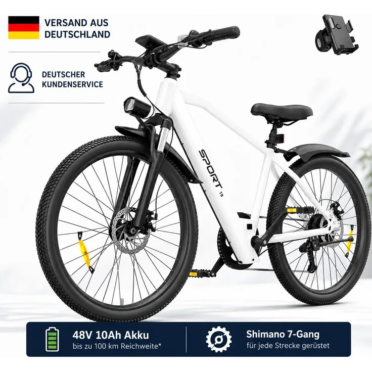 PixelPilot E-Bike T8, 26 Zoll Elektrofahrrad mit 48V 10Ah Akku, 25km/h, 7-Gang Shimano, Scheibenbremsen, Federgabel, stabiler SPCC-Stahlrahmen