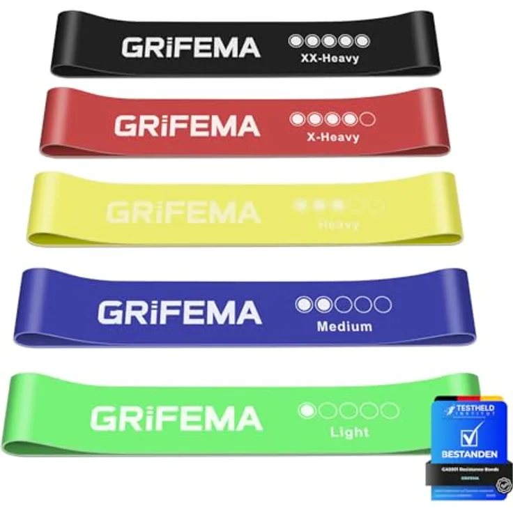 GRIFEMA Fitnessbänder [5er Set], Hochwertige Resistance Bands in verschiedenen Farben, inklusive Übungsanleitung & Tragebeutel für Pilates und Muskelaufbau