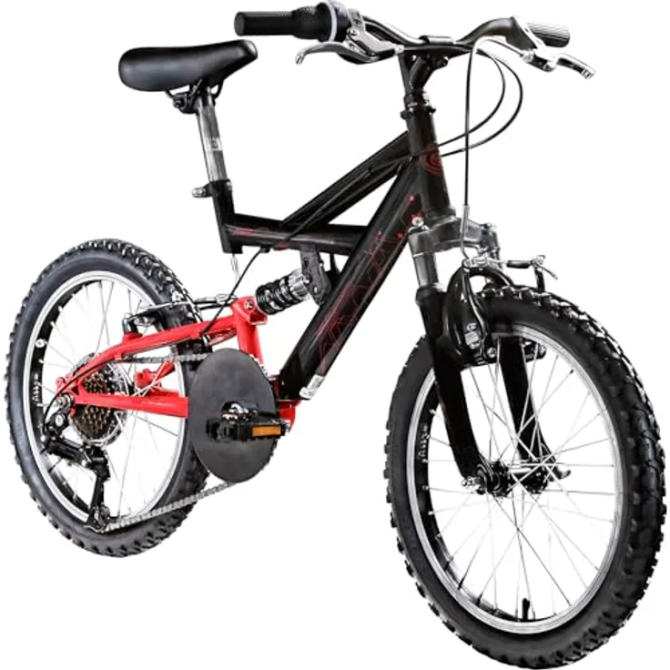 Galano FS180, 18 Zoll Kinderfahrrad Mountainbike mit Federgabel, 6-Gang Schaltung, V-Brakes, unisex, schwarz/rot