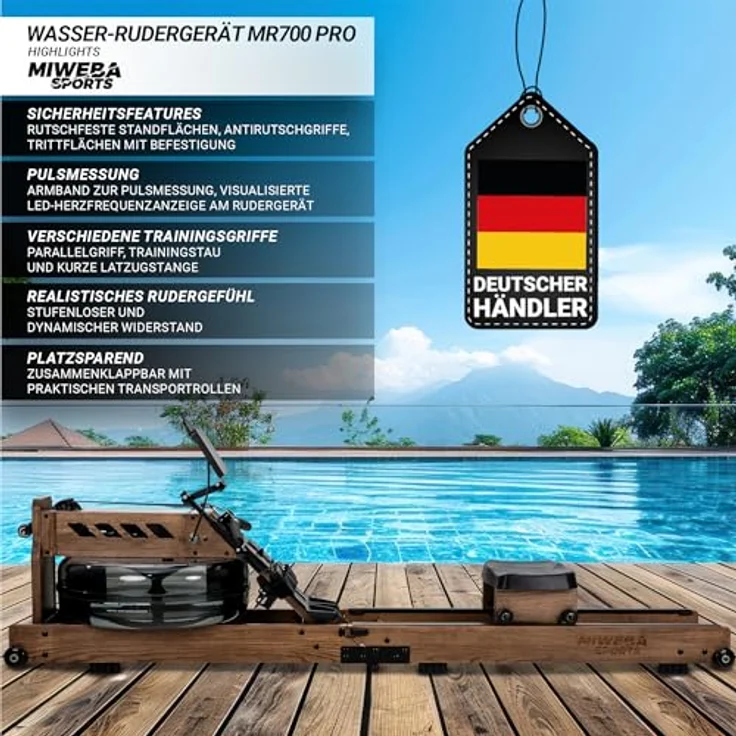 Miweba Sports Rudergerät für Zuhause MR700 Pro | Rudergerät Wasser - Klappbar - Kinomap App - Bluetooth - LED Wassertank - Esche dunkel – Bild 2