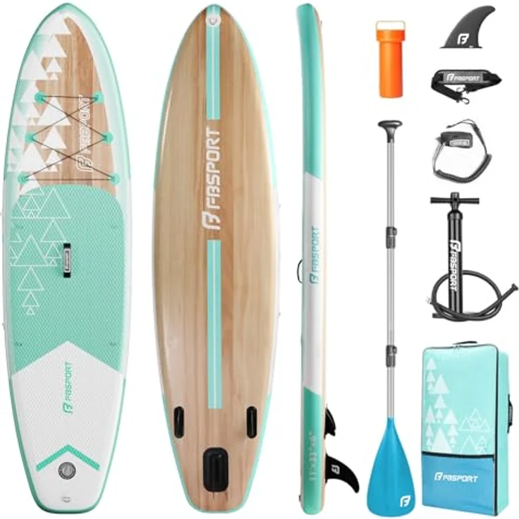 FBSPORT Aufblasbares SUP Board, Stand Up Paddling Board mit 15CM Dicke, verstellbarem Aluminium SUP Paddel + Pumpe, ideal für Yoga und Surfen, Light Brown – Bild 1