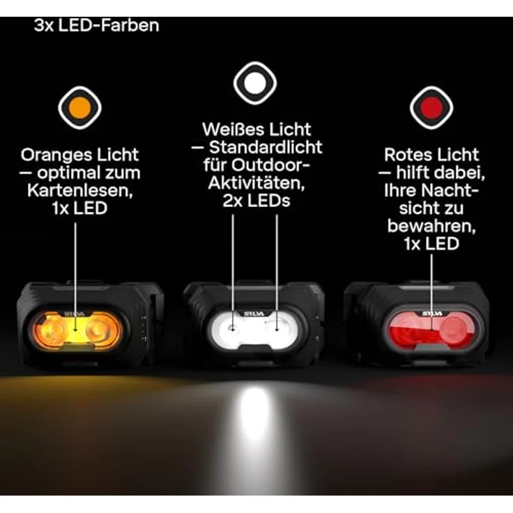 Silva Discover Hybrid, LED Stirnlampe 500 Lumen mit Rotlicht, wasserbeständig, 3 Helligkeitsstufen, wiederaufladbar über USB-C, Weiß, Orange & Rot – Bild 3