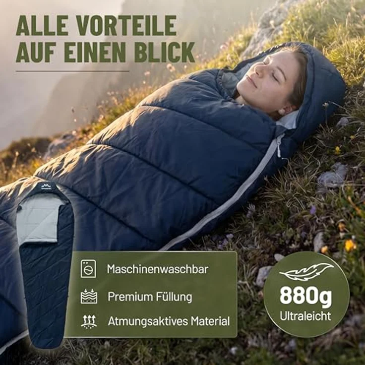 ALPENWERT® Schlafsack Sommer Ultraleicht, wasserabweisend, YKK Reißverschluss, Kältebrücke, 220x80cm, marineblau/grau innen – Bild 2