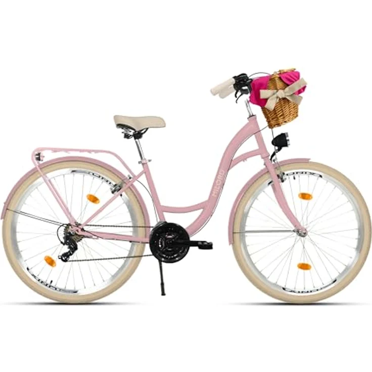 MILORD Damenfahrrad Citybike Komfort, 21-Gang, 26 Zoll, mit Weidenkorb, Rosa-Creme, Retro-Design – Bild 2