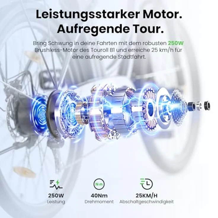 Touroll Breezi B1 E-Bike 250W, 90 km Reichweite, Shimano 7-Gang, 100 mm Federgabel, Tiefeinsteiger, max. 25 km/h – Bild 3