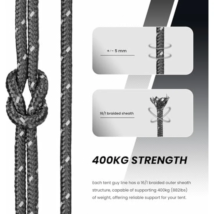 Abma Cord Zelt-Abspannseile mit 6 Seilspannern, 5mm Durchmesser, 30m Länge, reflektierende schwarze Schnur für Camping und Zelte – Bild 2