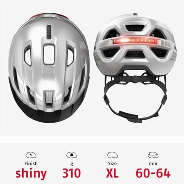 ABUS Urban-I 4.0, Fahrradhelm mit aufladbarem Rücklicht, 2 Leuchtmodi, Schirm, Zopf-Öffnung, magnetischem Verschluss, Größe XL, silber – Bild 3
