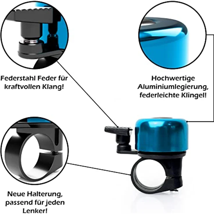 TF-Mind Fahrradklingel 120dB, Aluminium Legierung, farbig eloxiert, 360° drehbar, für Lenker von 22-25mm, blau – Bild 2