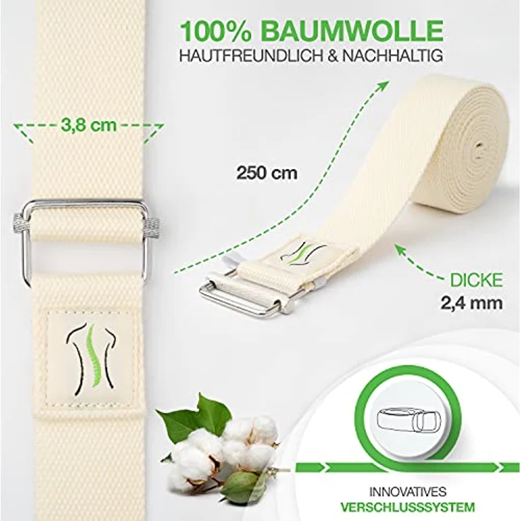 BACKLAxx® Yoga Gurt Baumwolle (natur) – Nachhaltiges Yoga Zubehör Set, Yogagurt 250 cm lang mit praktischem Verschluss aus Metall – Yoga Set ideal für Yoga, Pilates und Dehnen inkl. Anwendungsvideos – Bild 3