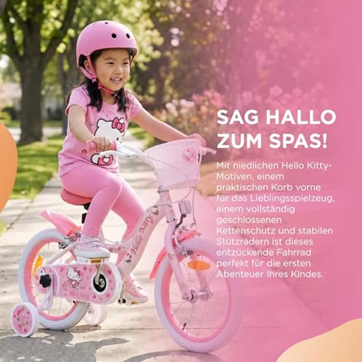 Volare Hello Kitty Kinderfahrrad 14 Zoll Rosa, abnehmbare Stützräder, Handbremse, Rücktrittbremse, geschlossener Kettenschutz, Korb – Bild 2
