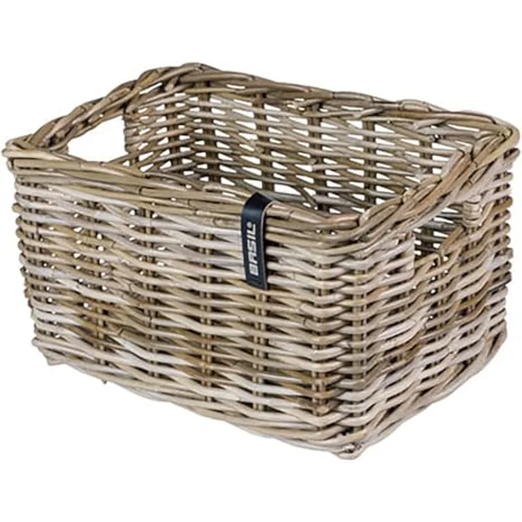 Basil DAX L Rattan Fahrradkorb, Rechteckiger Vorderradgepäckträgerkorb, Grau, Handgeflochten, 30 l Volumen, Ideal für Damen- und Herrenfahrräder