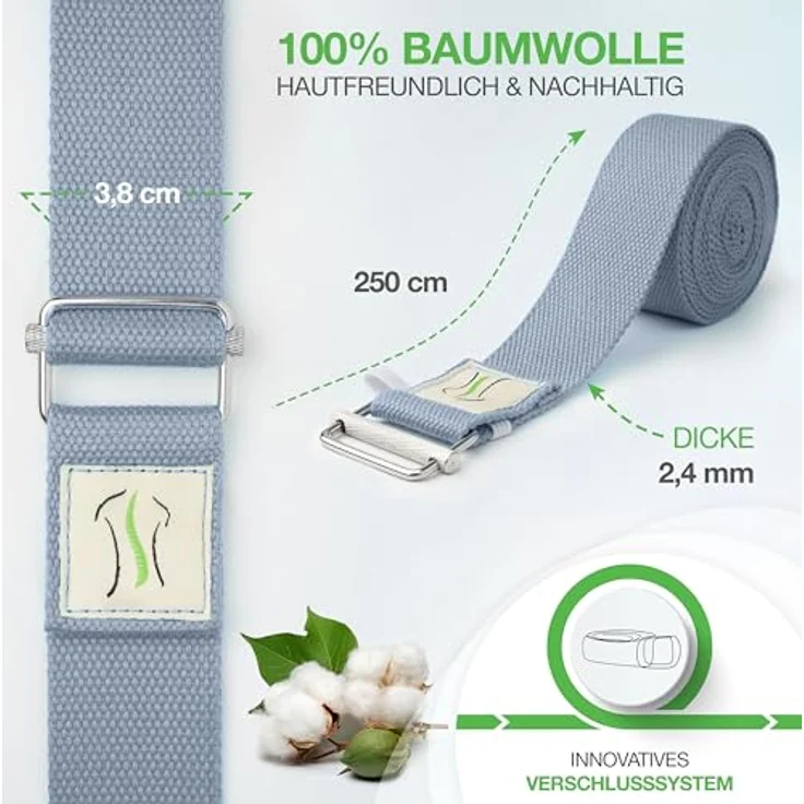 BACKLAxx® Yoga Gurt Baumwolle (blau) – Nachhaltiges Yoga Zubehör Set, Yogagurt 250 cm lang mit praktischem Verschluss aus Metall – Yoga Set ideal für Yoga, Pilates und Dehnen inkl. Anwendungsvideos – Bild 3
