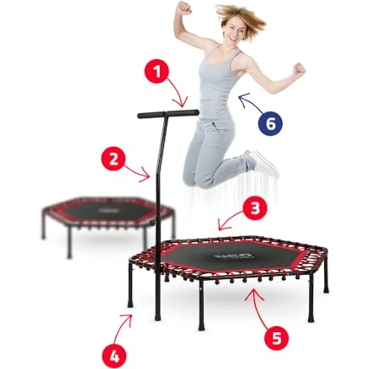 Neo-Sport Mini Jumping Trampolin, Fitness Trampolin mit höhenverstellbarem Haltegriff, Ø 127 cm, bis 100 kg, Indoor/Outdoor, rot – Bild 4