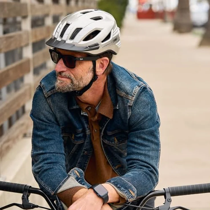 ABUS Urban-I 4.0, Fahrradhelm mit aufladbarem Rücklicht, 2 Leuchtmodi, Schirm, Zopf-Öffnung und magnetischem Verschluss, Größe M, silber – Bild 9