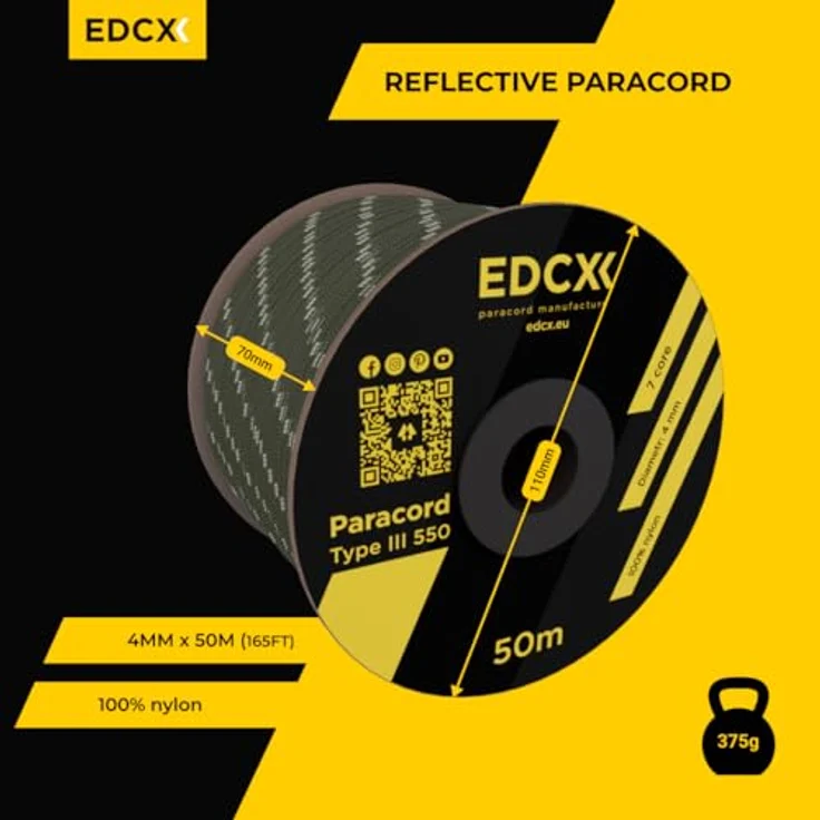 EdcX Paracord 550 Typ III 4 mm, 7 Kern-Stränge, 100% Nylon, reißfest bis 250 kg, 35+ Farben (10/15/30/50/100/300 m), Survival-Seil, Fallschirmschnur, Zeltleine | Made in EU – Bild 2