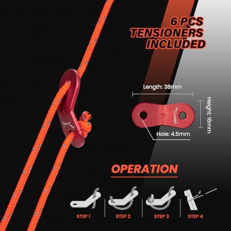 Abma Cord Abspannseile Zeltschnur, 30m mit 6 Seilspannern, 3mm Durchmesser, reflektierende Neon Orange, 200kg Bruchlast, UV-beständig, für Zelte und Camping – Bild 5