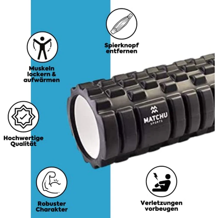 MATCHU Faszienrolle - Massageroller in Mittel, 33x14 cm, Schwarz - Für Selbstmassage und Muskelauflockerung, leicht transportabel, verschiedene Härtegrade verfügbar – Bild 2