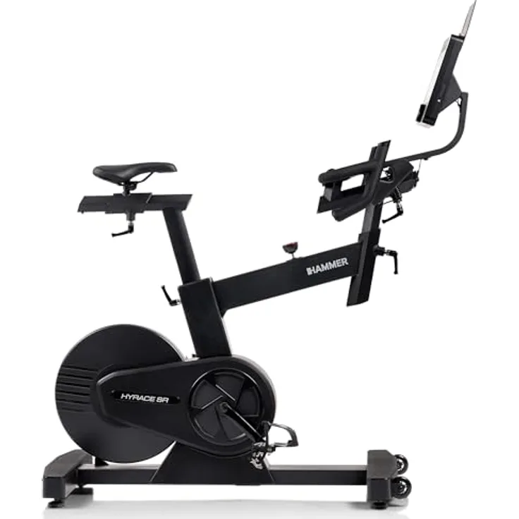 HAMMER Speedbike HyRace SR, Indoor Cycle Heimtrainer mit 20 kg Schwungmasse, 10,1" TFT-Touchscreen, Bluetooth, kompatibel mit Kinomap & Zwift, ergonomisches Race-Design