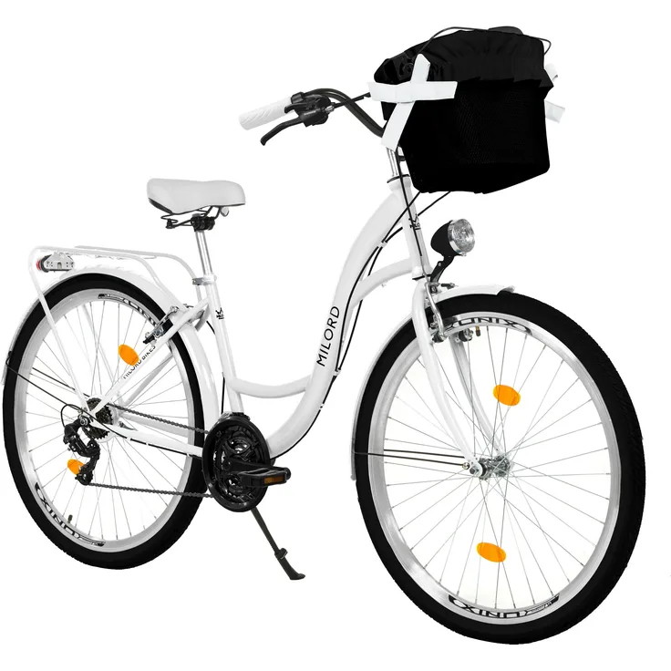 MILORD Damenfahrrad Citybike Komfort, 28 Zoll, 21-Gang, mit Metallkorb, Weiß, robuster Stahlrahmen, retro-inspiriertes Design