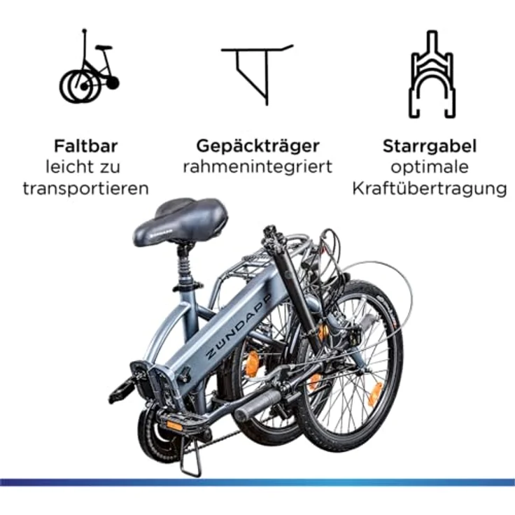 ZÜNDAPP Z101 20 Zoll E Bike Faltrad Damen Herren Elektrofahrrad klappbar Ebike Pedelec, LED Licht, 6 Gänge, V-Bremsen, 270 Wh Akku, für Erwachsene - Schwarz – Bild 4
