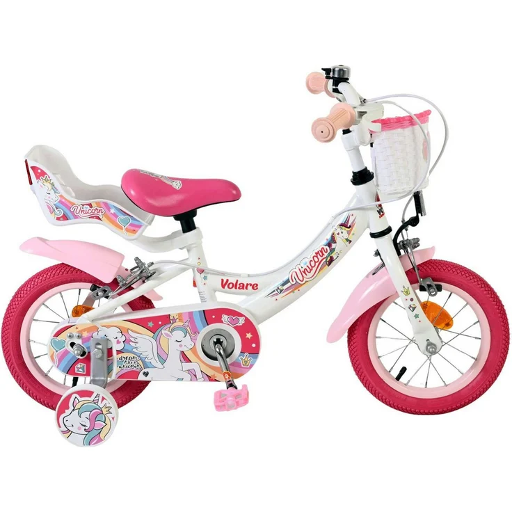 Volare Kinderfahrrad Unicorn für Mädchen, 12 Zoll Kinderrad in Weiß, zwei Handbremsen, geeignet ab 3 Jahren