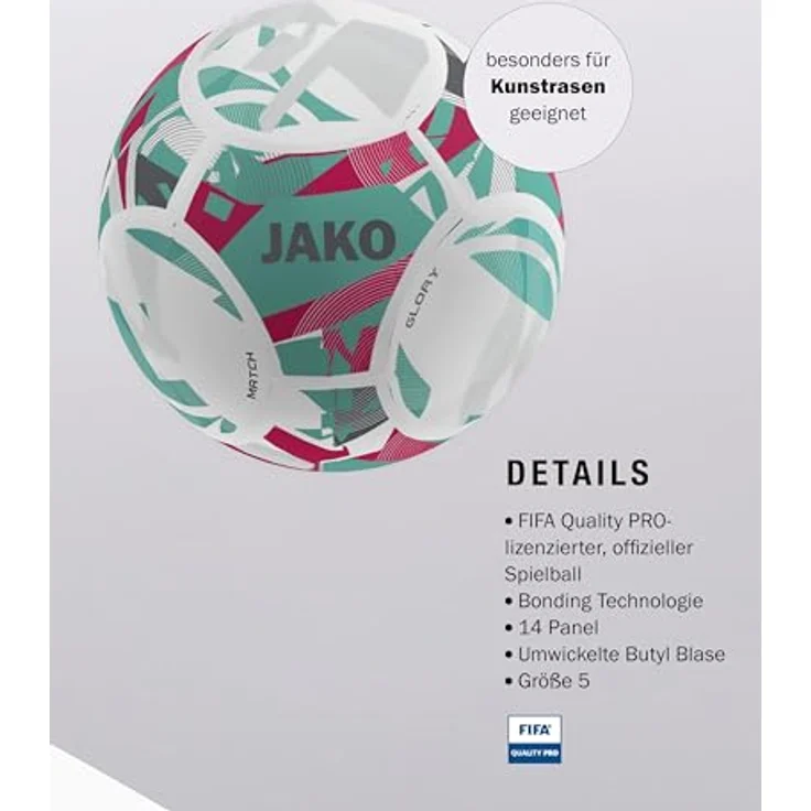 JAKO Spielball Glory, FIFA QUALITY PRO, Größe 5, weiß/Ruby red/cool Gray, optimales Handling und Grip für Kunstrasen – Bild 4
