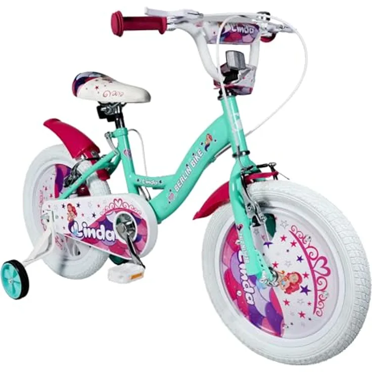 BERLIN BIKE Kinderfahrrad Linda 16 Zoll, Mädchen Fahrrad mit 1 Gang und Stützrädern, Grün/Pink, fördert Balance und Motorik