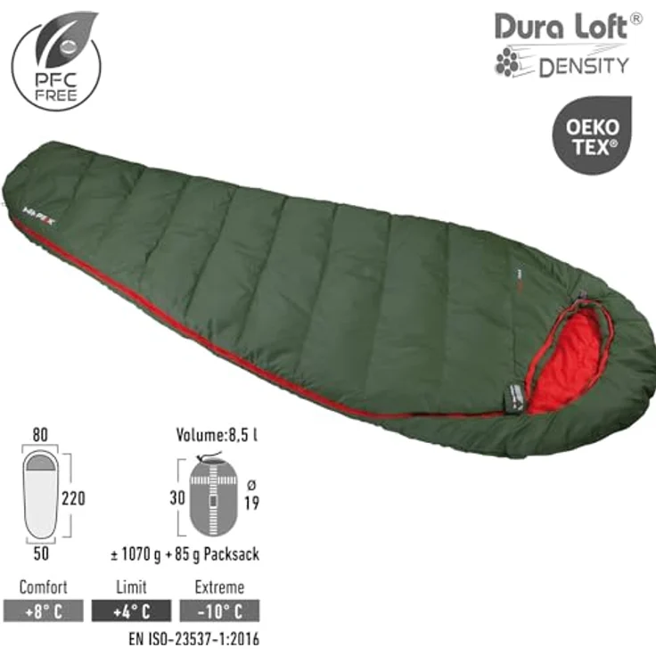 High Peak Mumienschlafsack Pak 1000 ECO Sommer Trekking Schlafsack Leicht, blau, Umweltschonend, mit verstellbarer Kapuze und RV-Wärmeleiste – Bild 2