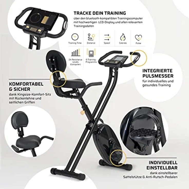 SportPlus Heimtrainer klappbar, Ergometer-Fahrrad faltbar mit Rückenlehne, Pulsmessung, Trainingsprogramme, 24 Widerständen – Bild 3