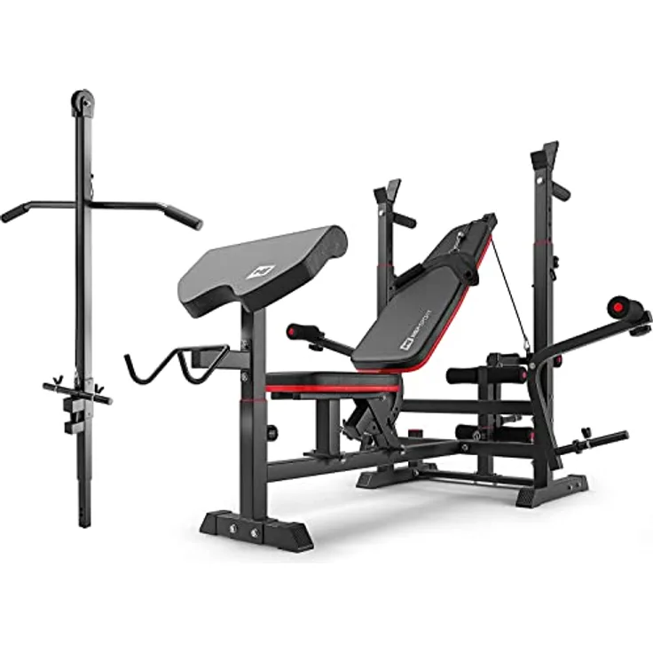 HS HOP-SPORT Hantelbank Kraftstation 1075 mit Latzug, Curlpult, Butterfly und Beincurler, stabil bis 170 kg, in Schwarz