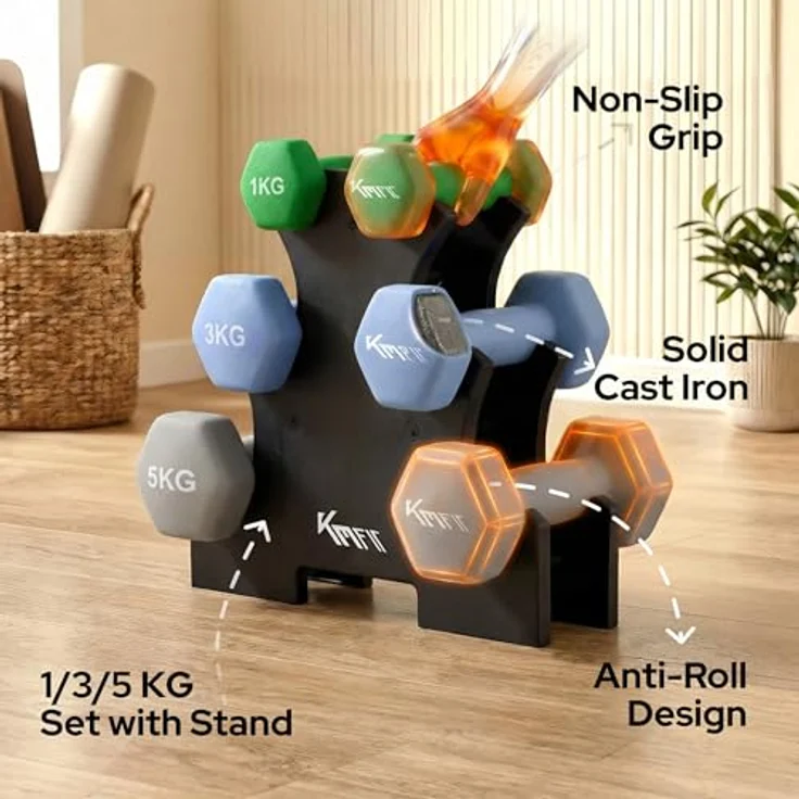 KM-Fit Hantelset 18 kg mit Ständer, Neopren Kurzhanteln 1–5 kg, ergonomischer Griff, rollsicher, robustes Gusseisen, Fitness & Krafttraining für Home Gym – Bild 2