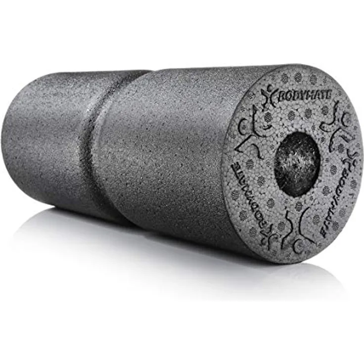 BODYMATE Faszienrolle CARE Mittel-Hart, Wirbelsäulen-Entlastung mit umlaufender Rille, E-Book inklusive, Schwarz, 35x14cm