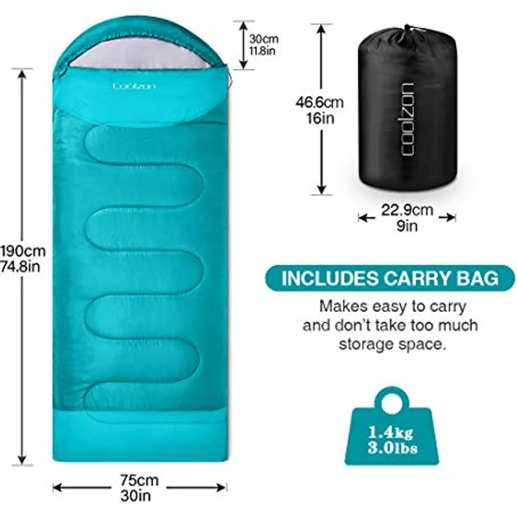 Coolzon Outdoor Schlafsack, 3-4 Jahreszeiten für Erwachsene, wasserdicht & atmungsaktiv, ultraleicht mit Tragetasche, Blau – Bild 2