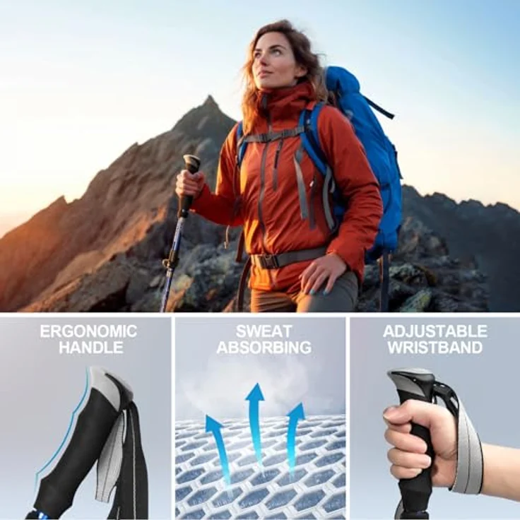 COVACURE Faltbare Wanderstöcke, Teleskop Nordic Walking Stöcke 110-130 cm verstellbar, leicht mit Gummipuffer für Damen und Herren (Blau) – Bild 4